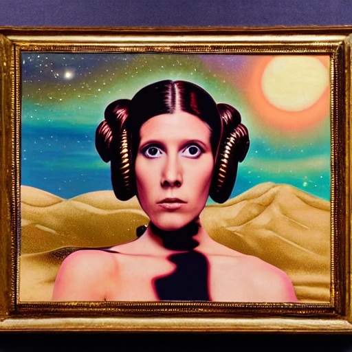 a photo of princess leia in a model pose, in a desert and galactic clothing, Oil Painting, Trippy