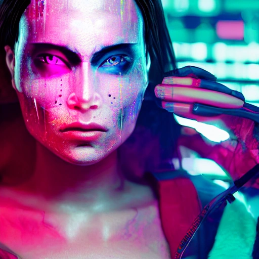 retrato de primer plano lateral de 1 chica cyberpunk, cara detallada, foco, ciudad cyberpunk, cableado, multicolor, alto contraste vibrante, hiperrealista, fotográfico, 8k, luz ambiental épica, octanaje, Trippy