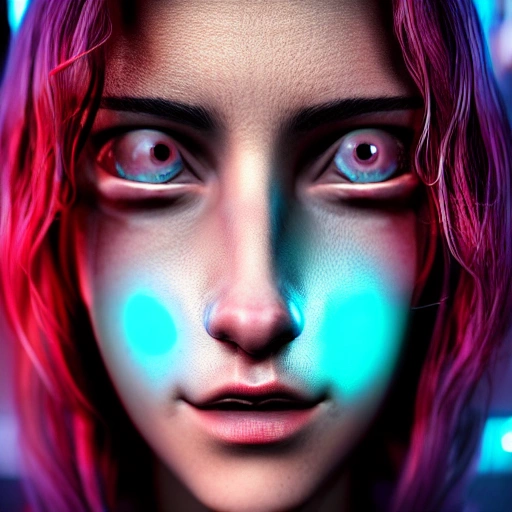 
Side Close Up Portrait of 1 Cyberpunk Girl, Detailed Face, Spotlight, Cyberpunk City, Wired, Multi Colored, High Contrast Vibrant, Hyper Realistic, Photographic, 8k, Epic Ambient Light, Octane, Trippy