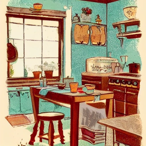 a vintage old cottage kitchen, with a stove, focus on a lovely table displaying a stack of hotcakes, butter, maple syrup, cups of tea, a can with   daisies and chamomile, a window, vintage illustration, pastel tones