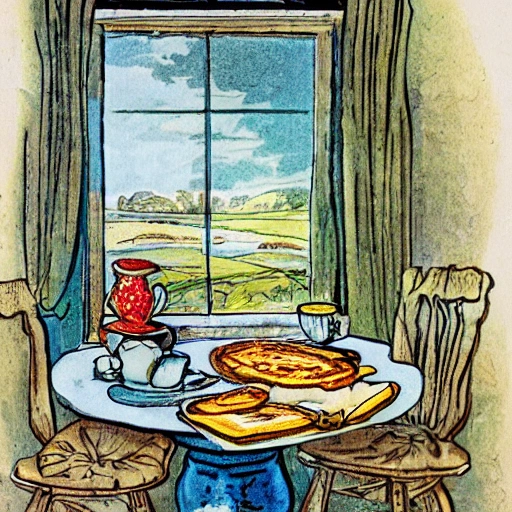 a lovely breakfast table displaying a stack of hotcakes, butter, maple syrup, cups of tea, a can with   daisies and chamomile, a window, vintage illustration, in the style of beatrix potter colorfull, full of details, funny 