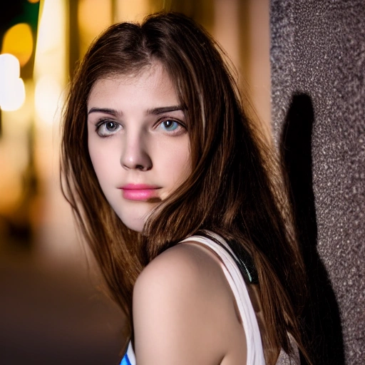 beautiful young woman walking down the street at night, long brown hair, sad eyes, sweaty pale skin, gorgeous beauty, professional photography style, UHD, 8K, medium shot