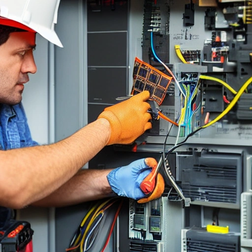 Engineer with an multimeter fixing an electric panel