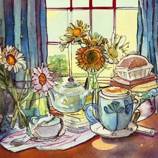 a lovely breakfast table displaying a stack of hotcakes, butter, maple syrup, cups of tea, a can with   daisies and chamomile, a window, vintage illustration, watercolour, colorfull, full of details, funny 