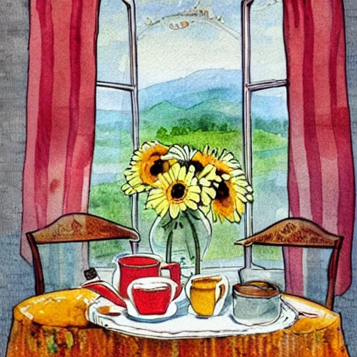 a lovely breakfast table displaying a stack of hotcakes, butter, maple syrup, cups of tea, a can with   daisies and chamomile, a window, vintage illustration, watercolour, colorfull, full of details, funny 