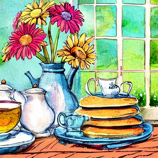 a lovely breakfast table displaying a stack of hotcakes, butter, a jar of maple syrup, cups of tea, a can with   daisies and chamomile, a window, vintage illustration, watercolour, colorfull, funny 