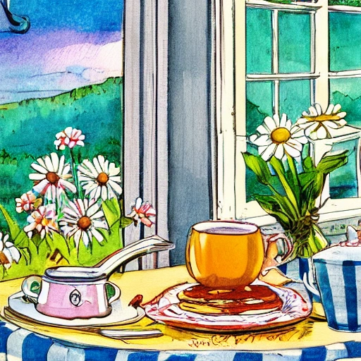 a lovely breakfast table displaying a stack of hotcakes, butter, maple syrup, cups of tea, a can with   daisies and chamomile, a window, vintage illustration, watercolour, colorfull, full of details, funny 