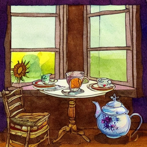 a lovely breakfast table displaying a stack of hotcakes, butter, maple syrup, cups of tea, a can with   daisies and chamomile, a window, vintage illustration, watercolour, colorfull, full of details, funny, a circle window