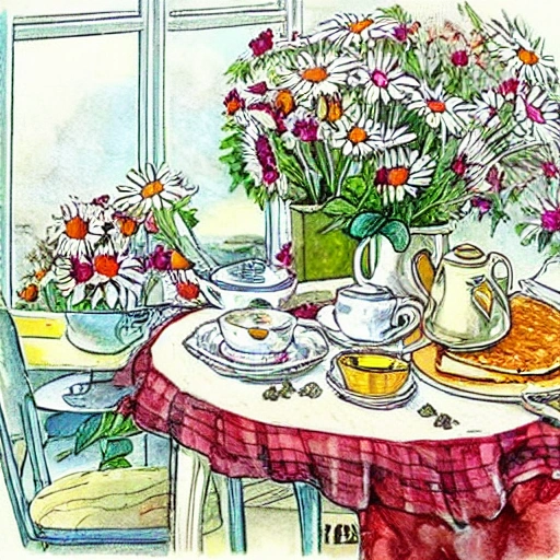 a lovely breakfast table displaying a stack of hotcakes, butter, maple syrup, cups of tea, a can with   daisies and chamomile, a window, vintage illustration, watercolour, colorfull, full of details, funny, full of details