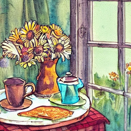 a lovely breakfast table displaying a stack of hotcakes, butter, maple syrup, cups of tea, a can with   daisies and chamomile, a window, vintage illustration, watercolour, colorfull, full of details, funny, full of details, close up