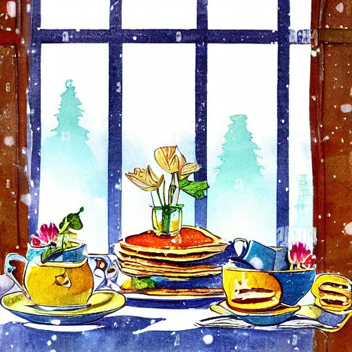 a lovely breakfast table displaying a stack of hotcakes, butter, a bottle of maple syrup, cups of tea, flower centerpiece, a snowy round window, vintage illustration, watercolour, colorfull, funny 