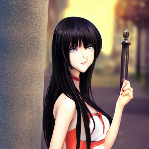 pretty girl face, long black hair, tall skinny full body, standing under lamppost, detailed, Anime, Glamor Shot, Beautiful Lighting, Artstation --ar 1:2