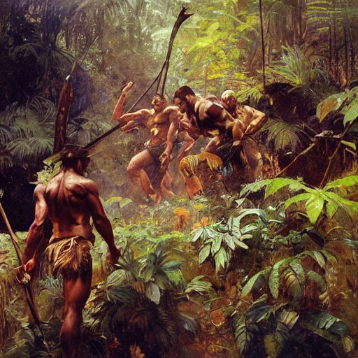 oil painting of Muscular tribe men hunting the jungle, Cel Shading, painting by gaston bussiere, craig mullins, greg rutkowski, alphonse mucha, Surprised, Pyrograph, by Gediminas Pranckevicius, Oil Painting