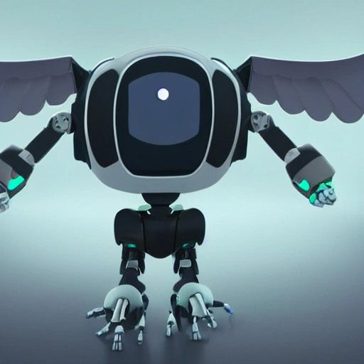 A robot ghost from the future, of various colors, with a single eye for a head and wings equal to an angel of death