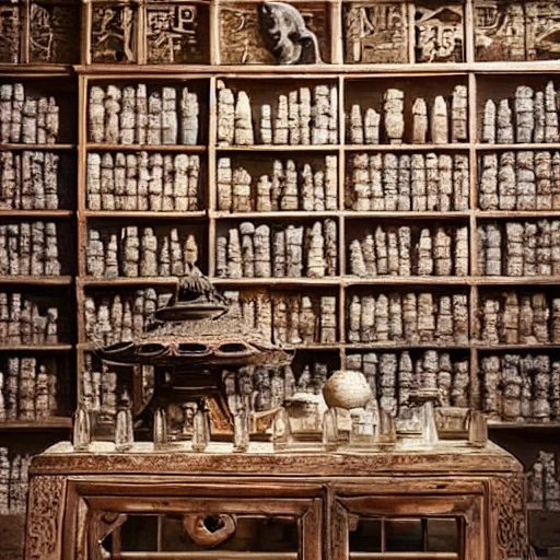 /Imagine Prompt: Ancient Chinese apothecary, wooden shelves with jars, herbs and spices, old books, antique instruments, mystical atmosphere, Matte Painting.
