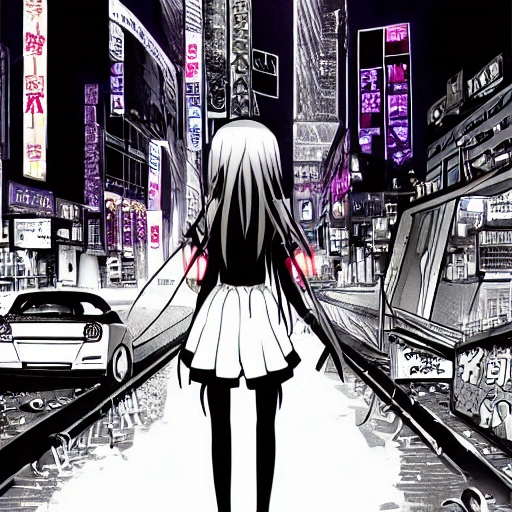 animé dark girl sad in a neon city