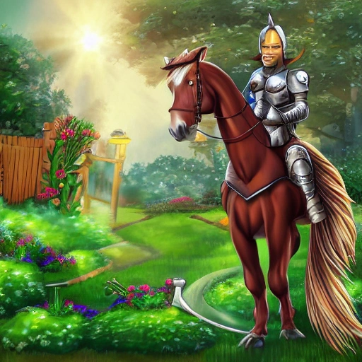 Fantasy, horse-man, garden, shinny armor, cartoon
