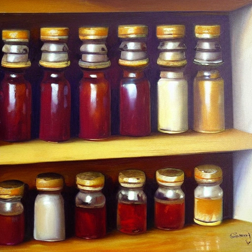 a rack full of maple cyrup jars, oil painting, baroque 