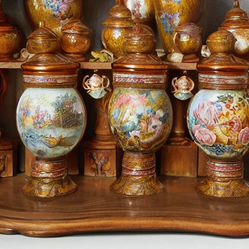 a rack full of diferent maple cyrup jars, intricate styles, full of detail,  oil painting, baroque 