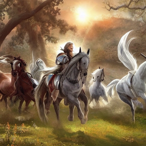 Fantasy, horsemen, huge garden, shinny armor, ultrarrealistic

