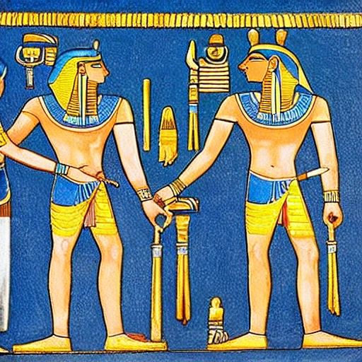 two full body muscular men, handsome face, wearing white and gold pharaoh clothes,  egyptian jewerly,  at a palace full of perfumes, oil painting, hyperrealistic