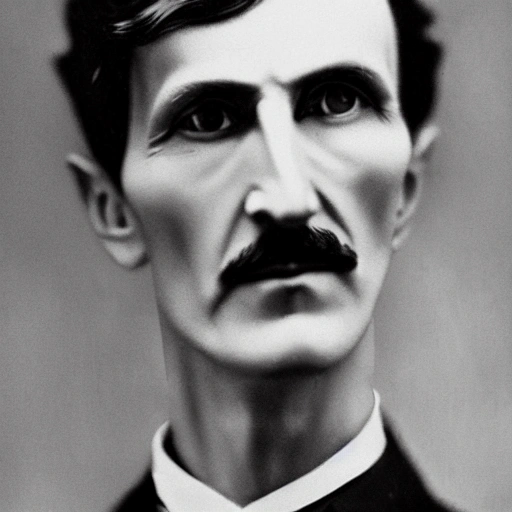 detailed close up portrait of Nikola Tesla, cinematic palette of warm colors, spotlight, perfect symmetrical face