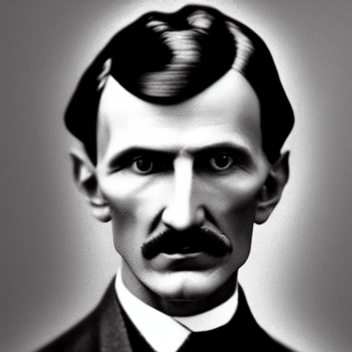 detailed close up portrait of Nikola Tesla, cinematic palette of warm colors, spotlight, perfect symmetrical face
