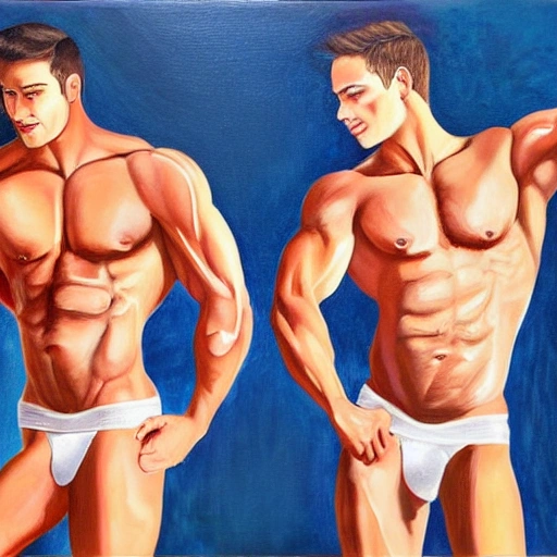 two sexy muscular men, handsome face, wearing white and gold  underwear,  holding perfume bottles, oil painting by herny mattise