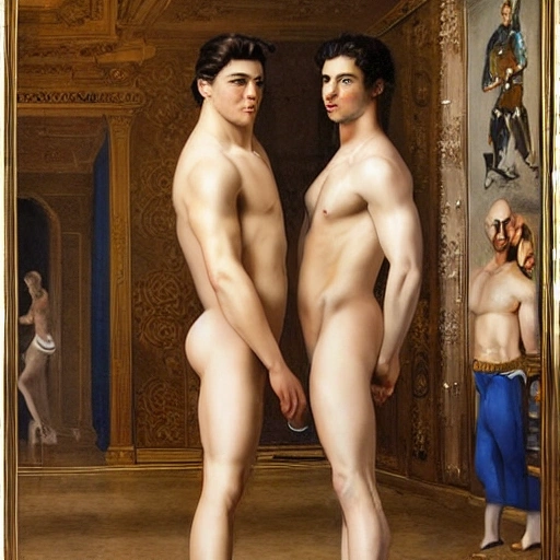 two sexy muscular men, amazing faces, highlydetailed, wearing white and gold  underwear, at a palace full of perfumes, oil painting by herny mattise