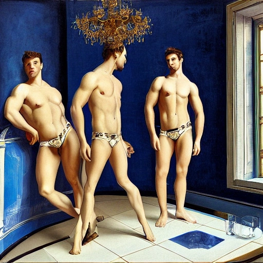 two sexy muscular men, amazing faces, highlydetailed, wearing white and gold  underwear, at a palace full of perfumes, oil painting by herny mattise, hyperrealistic