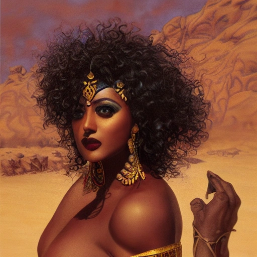 waist-up painting of a beautiful dark skinned desert woman, curly hair, big full dark lips, arabian dancer outfit, curvy body, donato giancola, jeff easley, sharp focus,intricate, soft lighting, highly detailed, golden eyes