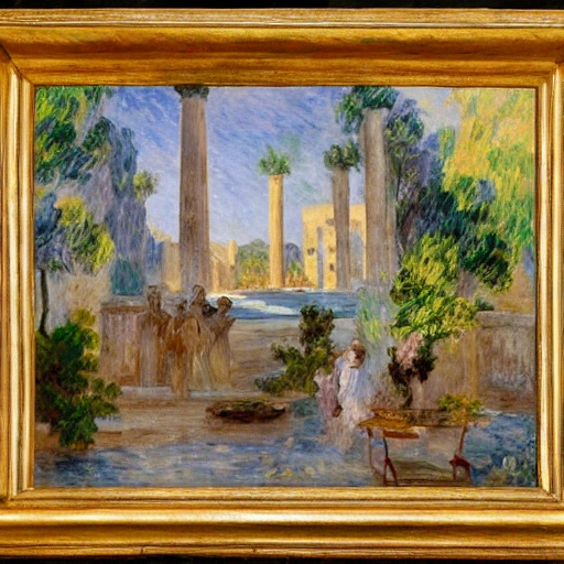 a muscula pharoh at a palace, with perfumes, precius, full of detail,  impressionist painting, luminicent, waterfalls