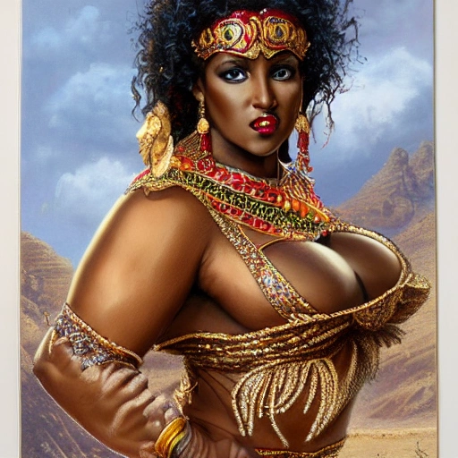 waist-up painting of a beautiful busty dark skinned desert woman, curly hair, big full dark lips, arabian dancer outfit, curvy body, donato giancola, jeff easley, sharp focus,intricate, soft lighting, highly detailed, golden eyes