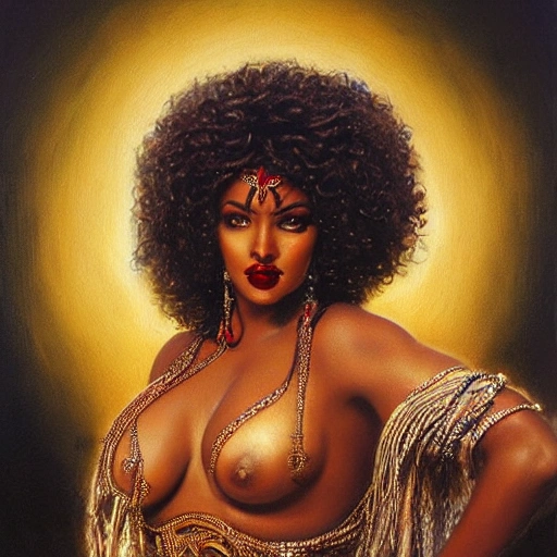 waist-up painting of a beautiful busty dark skinned desert woman, curly hair, big full dark lips, arabian dancer outfit, curvy body, donato giancola, jeff easley, sharp focus,intricate, soft lighting, highly detailed, golden eyes
