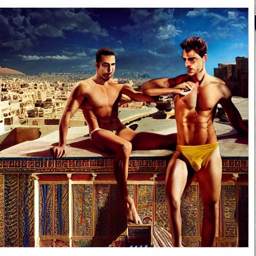 professional oil painting, of two beautiful man, gorgeous beauty, sweaty pale skin, symmetrical face, wearing gold jockstraps, toned abs, perfect pecs, perfect legs, red hair, rooftop terrasse palace in background, egyptian environment, stunning background with el cairo view, intricate, sharp focus,  8k