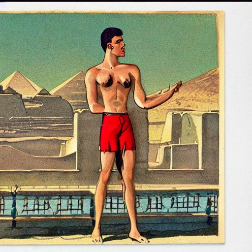 vintage old illustration, of two beautiful man, gorgeous beauty, sweaty pale skin, symmetrical face, wearing gold jockstraps, toned abs, perfect pecs, perfect legs, red hair, rooftop terrasse palace in background, egyptian environment, stunning background with el cairo view, intricate, postcard