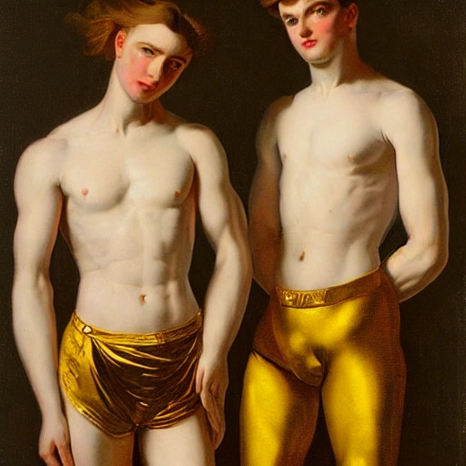 two beautiful man, wearing gold boxers at palace by Joseph Christian Leyendecker