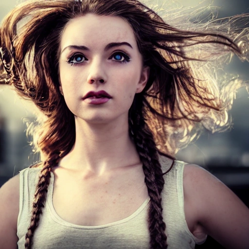 detailed, close up portrait of girl standing in a steampunk city with the wind blowing in her hair, cinematic warm color palette, spotlight, perfect symmetrical face