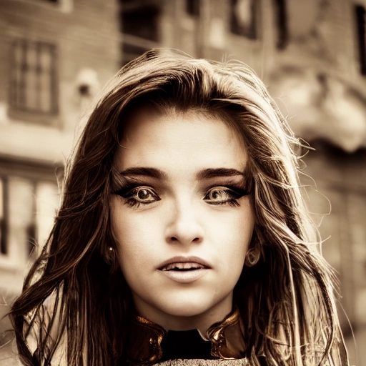 detailed, close up portrait of girl standing in a steampunk city with the wind blowing in her hair, cinematic warm color palette, spotlight, perfect symmetrical face