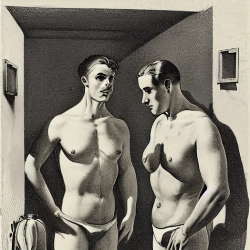 a vintage old illustration, of two man staring each other at the locker room, in white briefs, by Joseph Christian Leyendecker