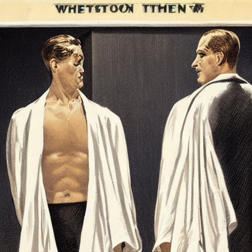 a vintage old illustration, of two man staring each other at the locker room, in white towels by Joseph Christian Leyendecker