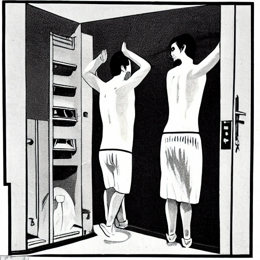 a vintage old illustration, of two man staring each other at the locker room, in white towels 