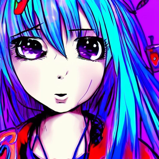 girl anime, trippy hair ,blue eyes ,, Cartoon