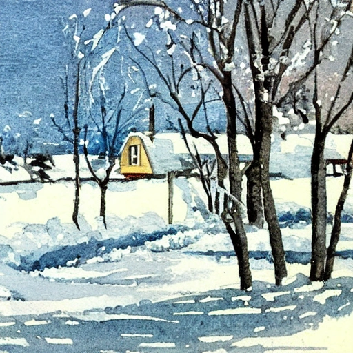 a backyard in perspective, vintage illustration, snowy enviroment, watercolour