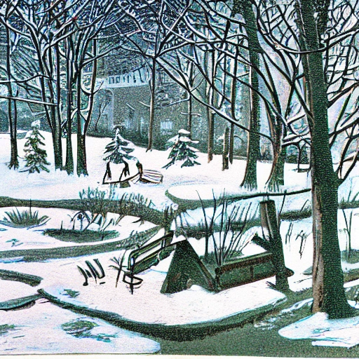 a backyard in perspective, vintage illustration, snowy enviroment, 