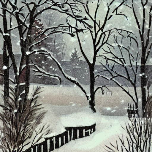 a backyard , vintage illustration, snowy enviroment, 