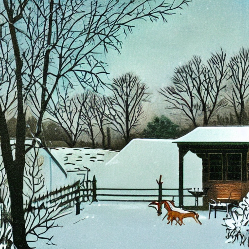 a backyard , vintage illustration, winter