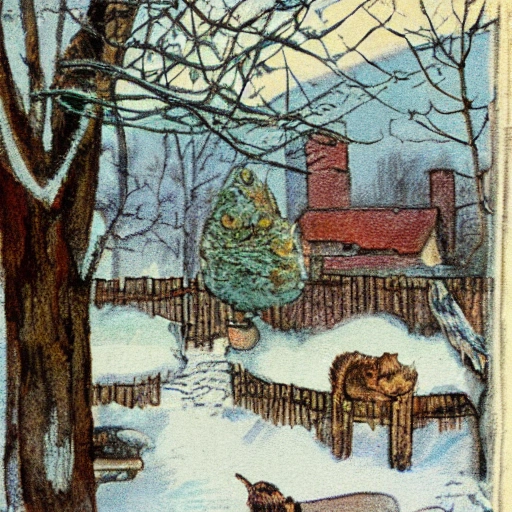 a backyard , vintage illustration, winter in the style of beatrix potter