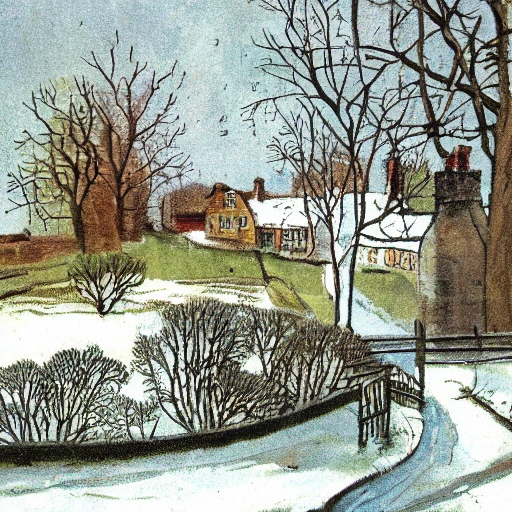 a backyard , vintage illustration, winter in the style of beatrix potter