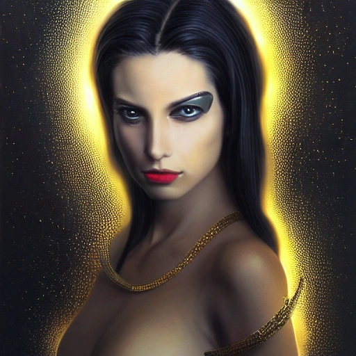 Facial portrait of a gorgeous cyberpunk girl, looking away from the camera, seductive smile, gold jewellery, elegant revealing intricate dress, sparkle in eyes, lips slightly parted, long flowing hair, no hands visible, diamonds, science fiction, delicate, teasing, arrogant, defiant, bored, mysterious, intricate, extremely detailed painting by Mark Brooks (and by Greg Rutkowski), visible brushstrokes, thick paint visible, no light reflecting off paint, vibrant colors, studio lighting, Water Color, Water Color